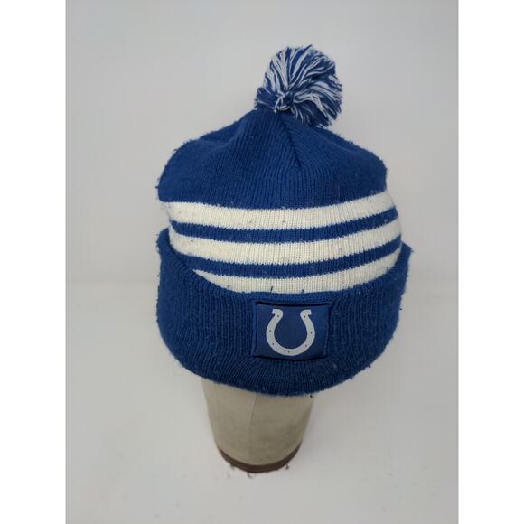 NFL Football Indianapolis Colts Beanie Hat Blue White Striped Pom Pom Patch Logo - Picture 3 of 12
